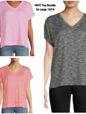 Time and Tru Coral Heather V-Neck Knit Top - 3-Pack